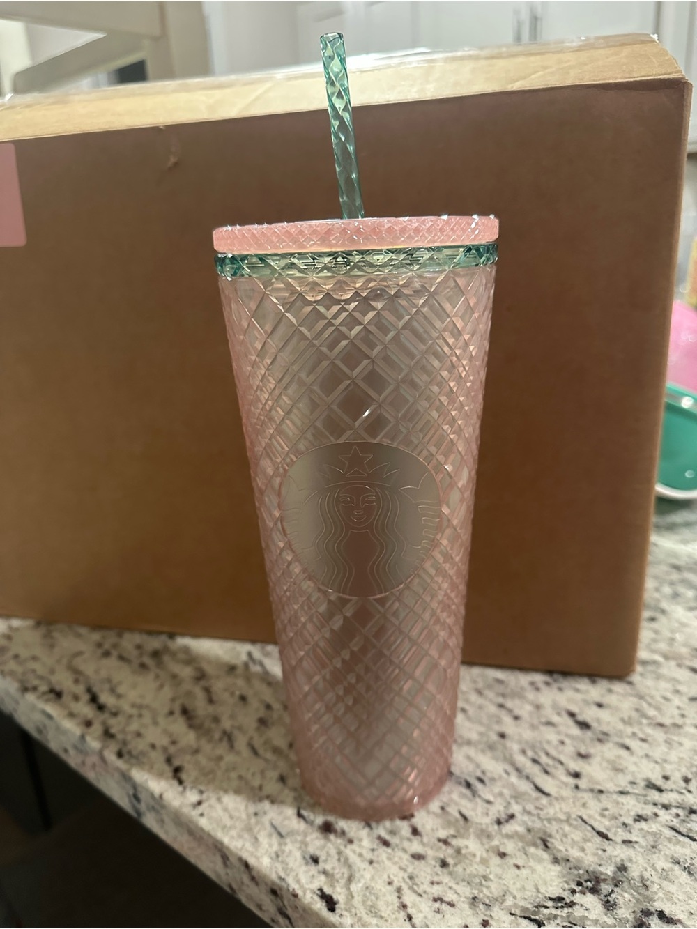 Starbucks Pink Textured Tumbler with Green Trim and Straw